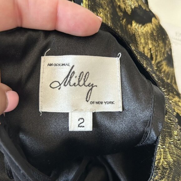 Milly Women's Silk Gold Black Cocktail Evening Mini Dress Size 2 - Picture 4 of 12